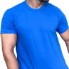 Modelo vestindo uma camisa azul lisa, destacando a parte superior do corpo.